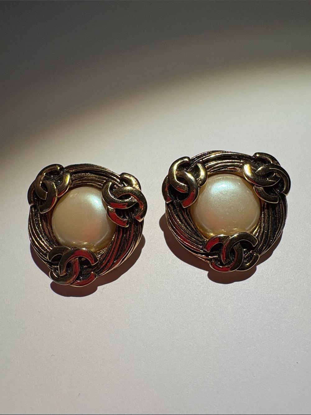 CHANEL Gold-Tone Faux Pearl Button Earrings